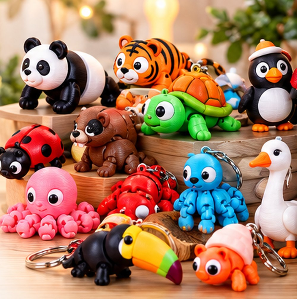 Coleção de chaveiros 3D de animais flexíveis: panda, tigre, tartaruga, polvo, pinguim, joaninha, tucano e outros