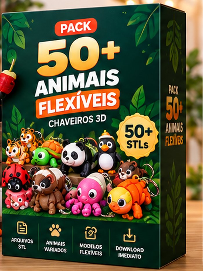Caixa do Pack 50+ Animais Flexíveis — chaveiros 3D