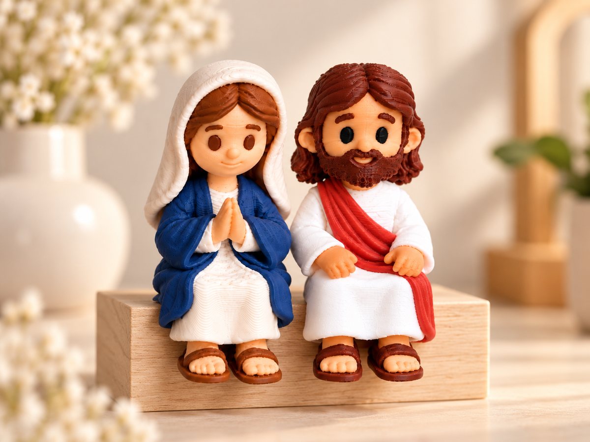 Mini Maria e Mini Jesus impressos em 3D, sentados lado a lado