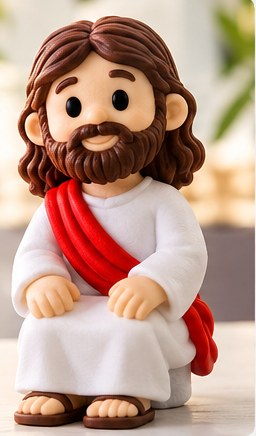 Mini Jesus impresso em 3D, sentado, com manto vermelho