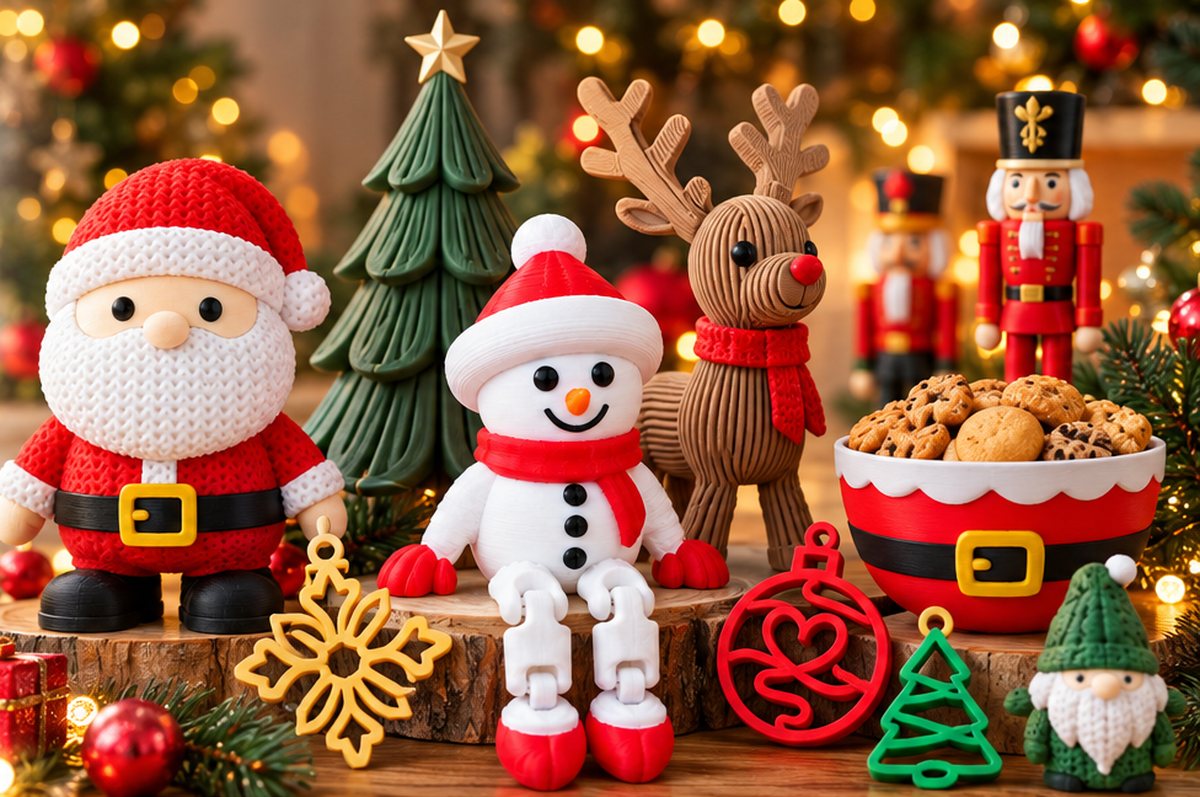 Boneco de neve articulado, Papai Noel, rena, árvore, quebra-nozes, porta-biscoitos e enfeites de Natal impressos em 3D