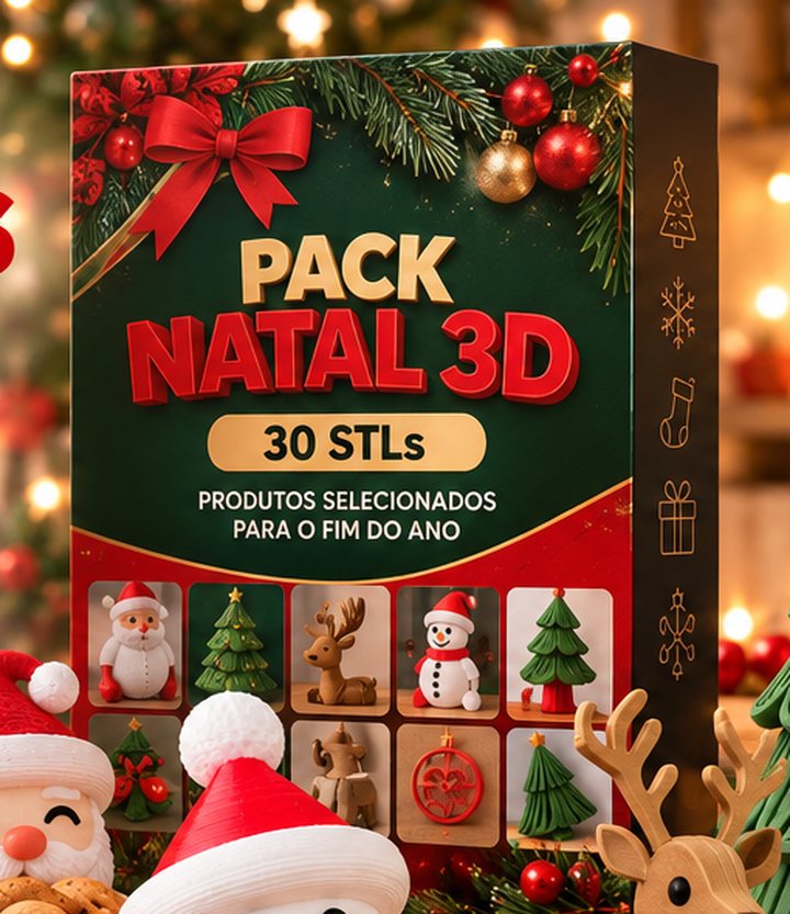 Caixa do Pack Natal 3D com 30 STLs cercada de peças de Natal impressas em 3D